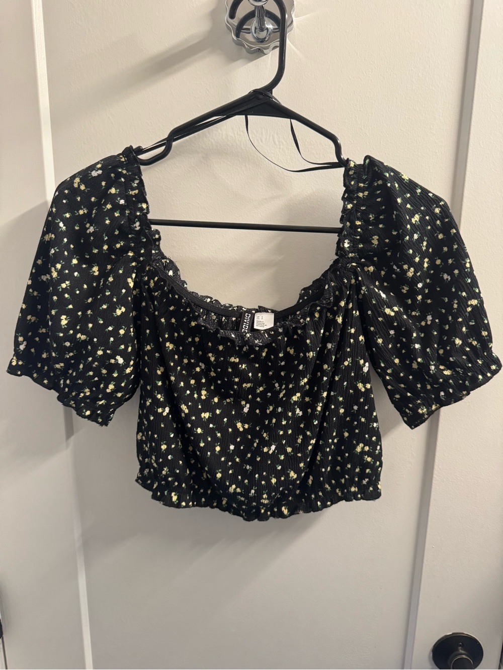 Divided Black Crop Top with Yellow Floral Print